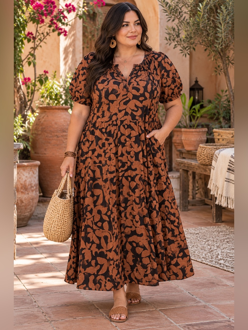 Terra & Sky Plus Size Brown Black Print Maxi Dress - 1X 16/18